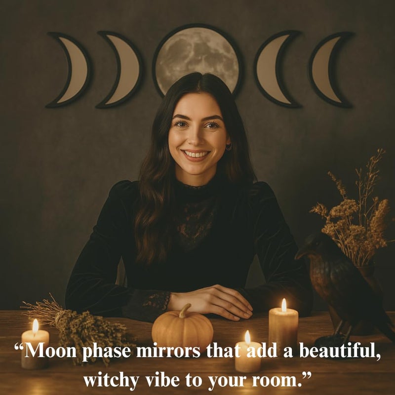 Black Magic Witch Moon Mirror â€“ Announcing Love Gothic and Boho Home Wall Decor - Glass Moon Phase Mirror Set with Crystal Clear Reflection - Moon Mirror Wall Decor for Living Room Bedroom Nursery - Image 2